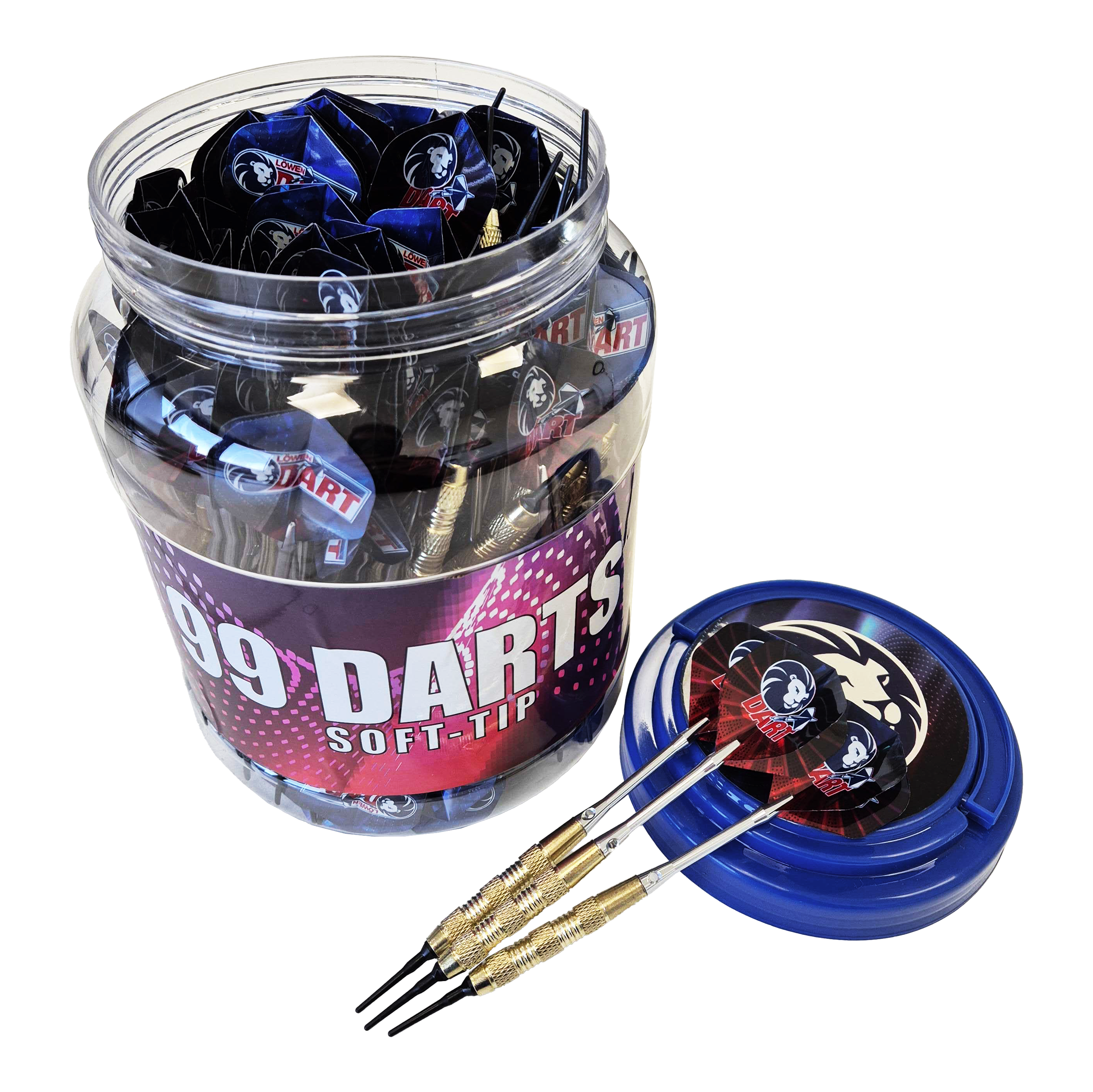 Das Bild zeigt eine große Dose mit der Aufschrift „99 DARTS SOFT-TIP“, die viele Soft-Tip-Darts enthält. Drei der 18g Darts liegen auf dem blauen Deckel neben der Dose.